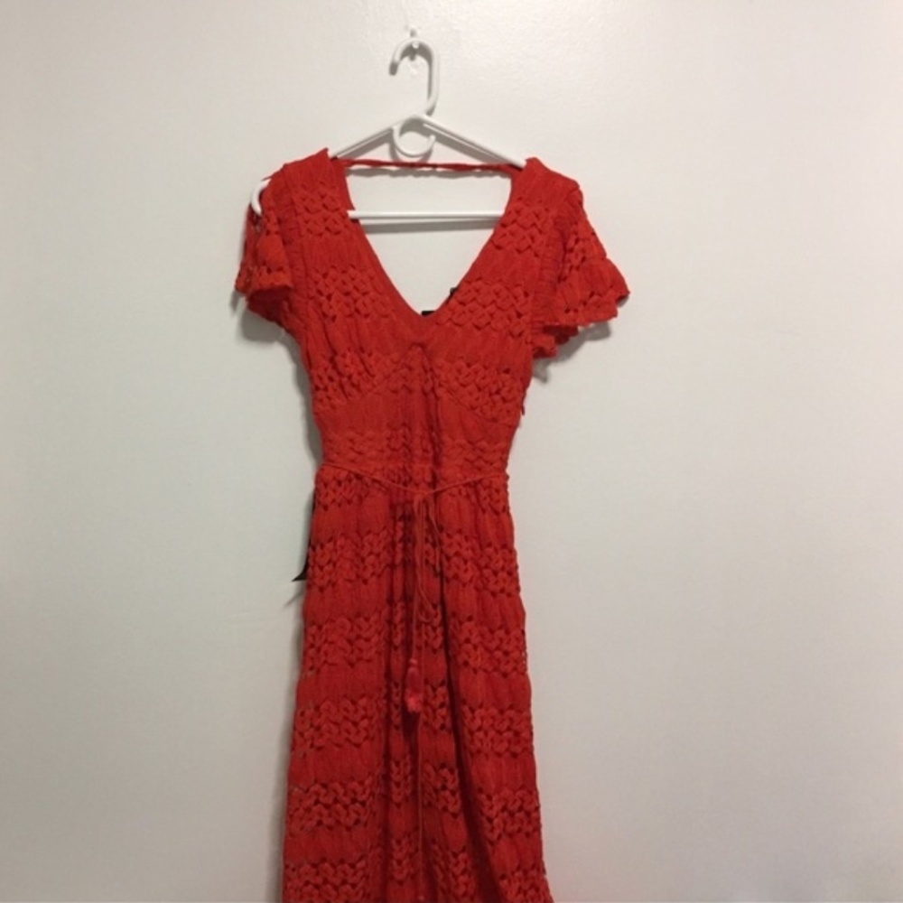 New Bebe red-orange floor length lace maxi dress